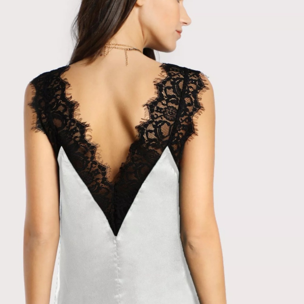 White Lace Trim V Neck Satin Top - Picture 2 of 3